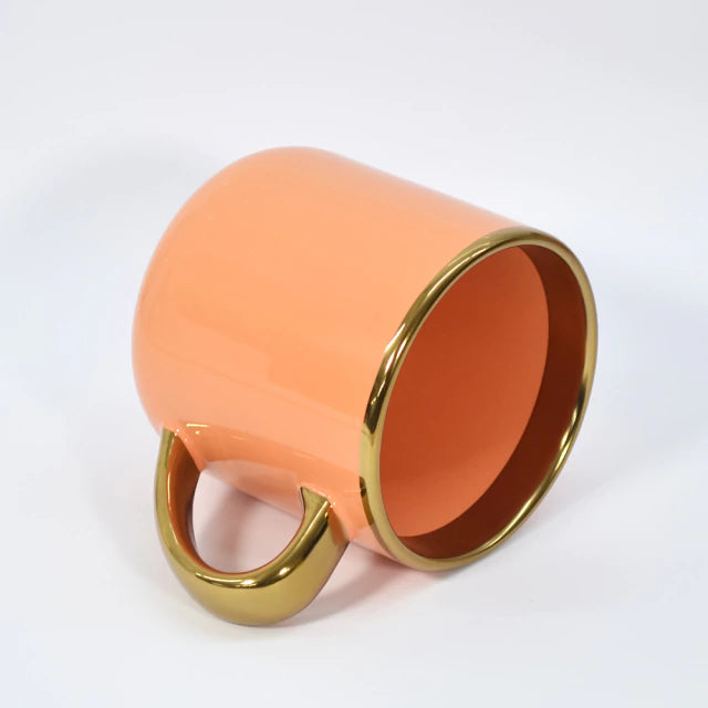 Caneca Cerâmica 400ml Laranja Imperial com Interior e Alça Dourada para Personalização