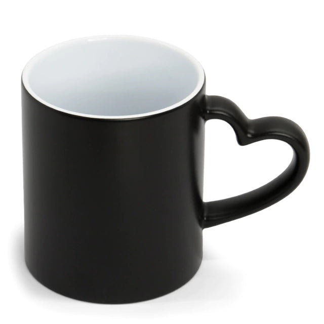 325ml Matte Black Ceramic Magic Mug with Heart Handle for Sublimation