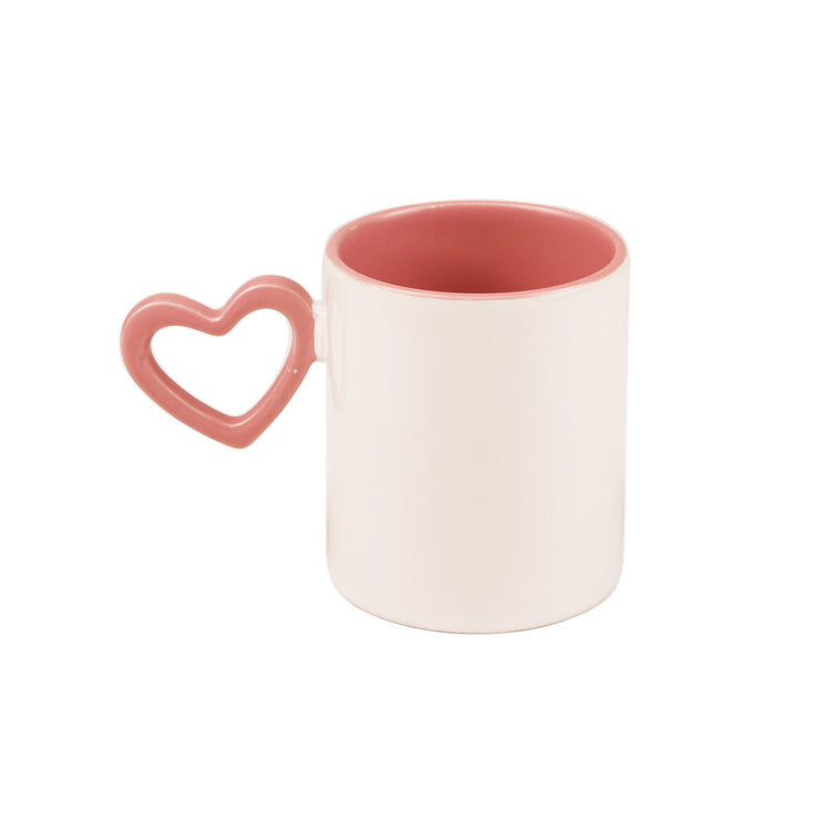 Caneca de Cerâmica 325ml Branca com Interior Rosa e Alça Coração para Sublimação