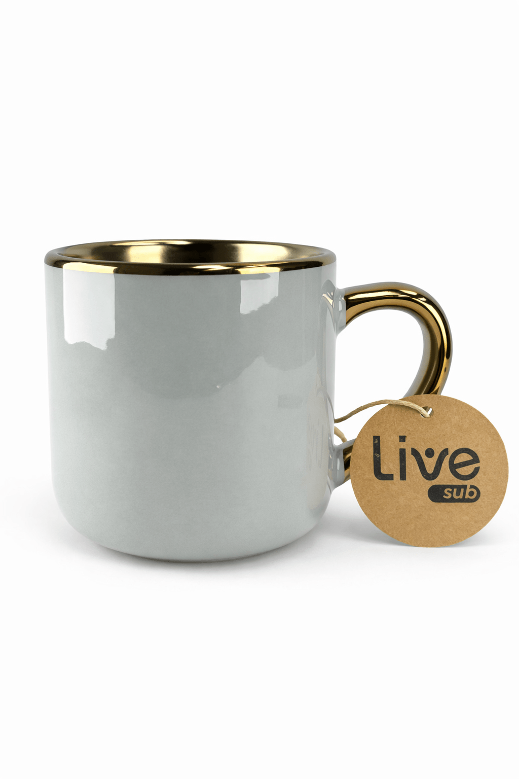 Caneca Cerâmica 400ml Cinza Claro com Interior e Alça Dourados para Personalização