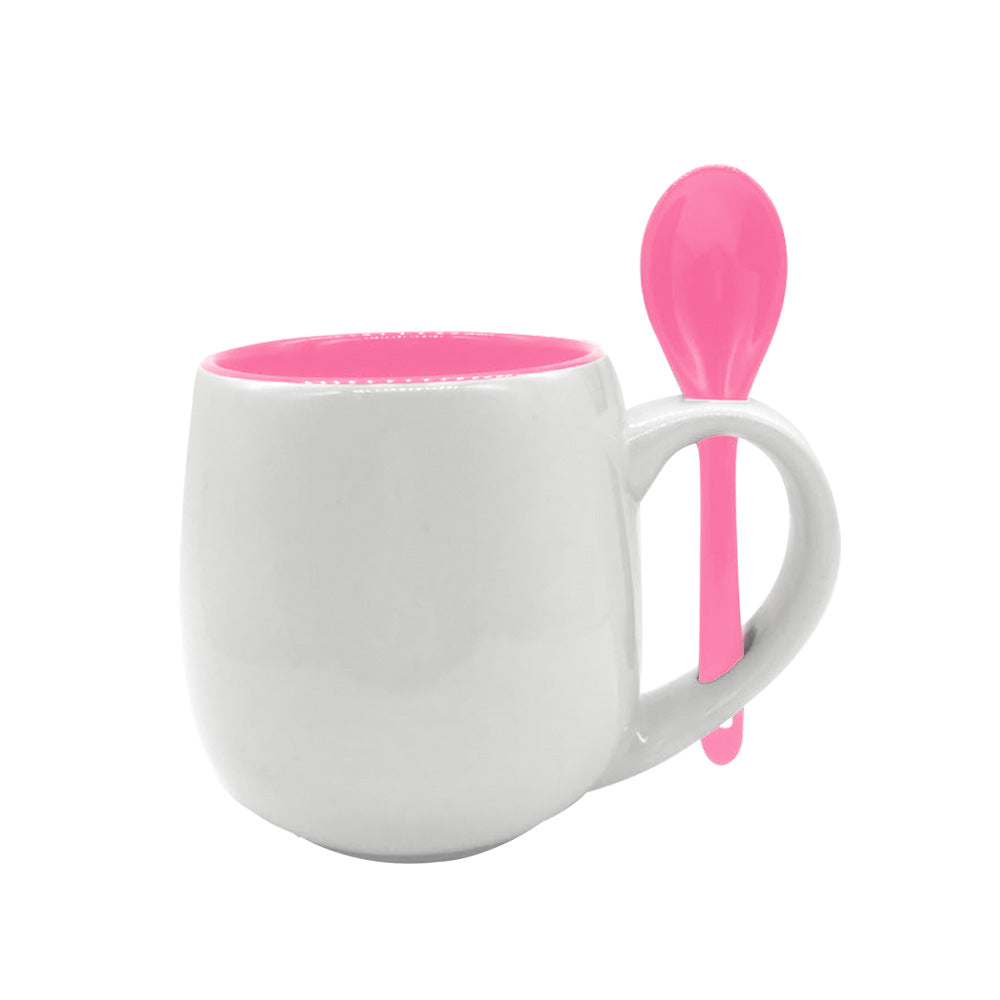 Caneca de Cerâmica Branca 295ml com Colher Rosa para Sublimação