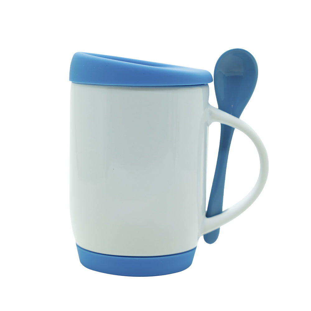 Caneca de Cerâmica 325ml com Colher, Tampa e Alça Soft Azul Claro para Sublimação