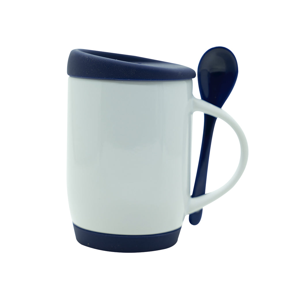 Caneca de Cerâmica Branca 325ml com Colher e Tampa Azul para Sublimação