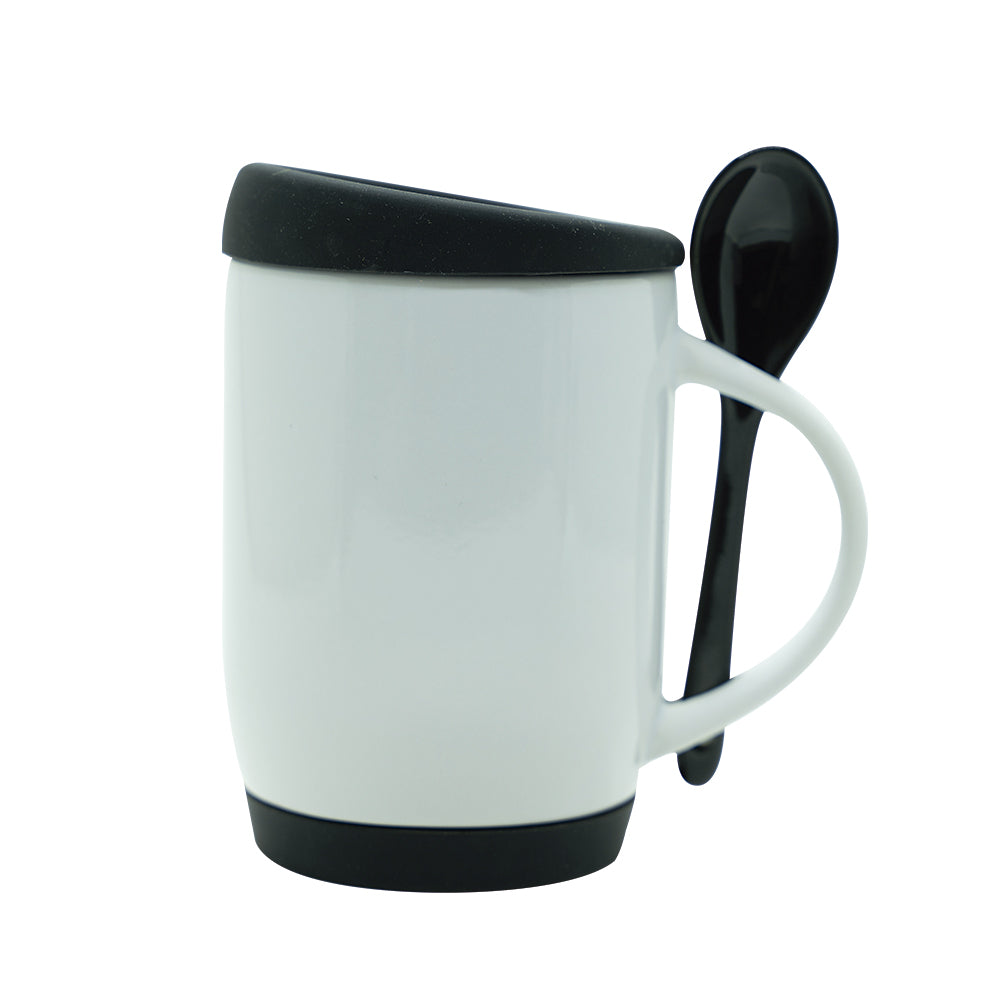 Caneca de Cerâmica Branca 325ml com Colher e Tampa de Silicone Preto para Sublimação