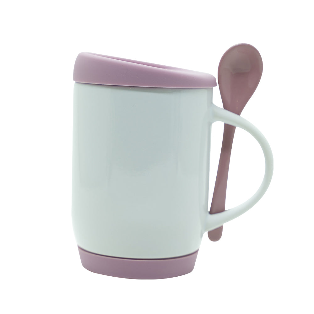 Caneca de Cerâmica Branca 325ml com Colher e Tampa Rosa para Sublimação
