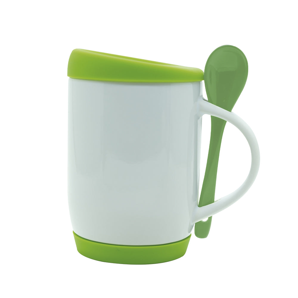 Caneca de Cerâmica Branca 325ml com Colher e Tampa Silicone Verde para Sublimação