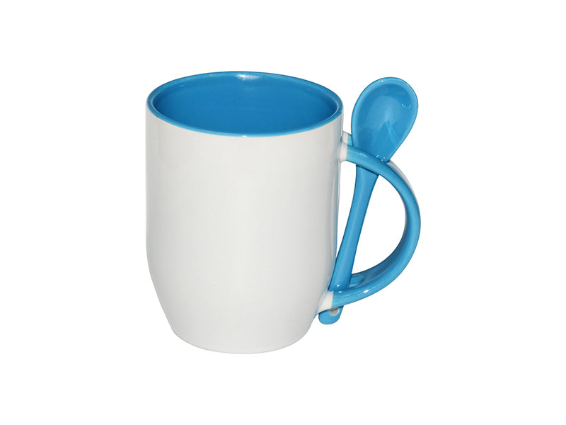 Caneca de Cerâmica Branca 325ml com Colher e Interior Azul para Sublimação