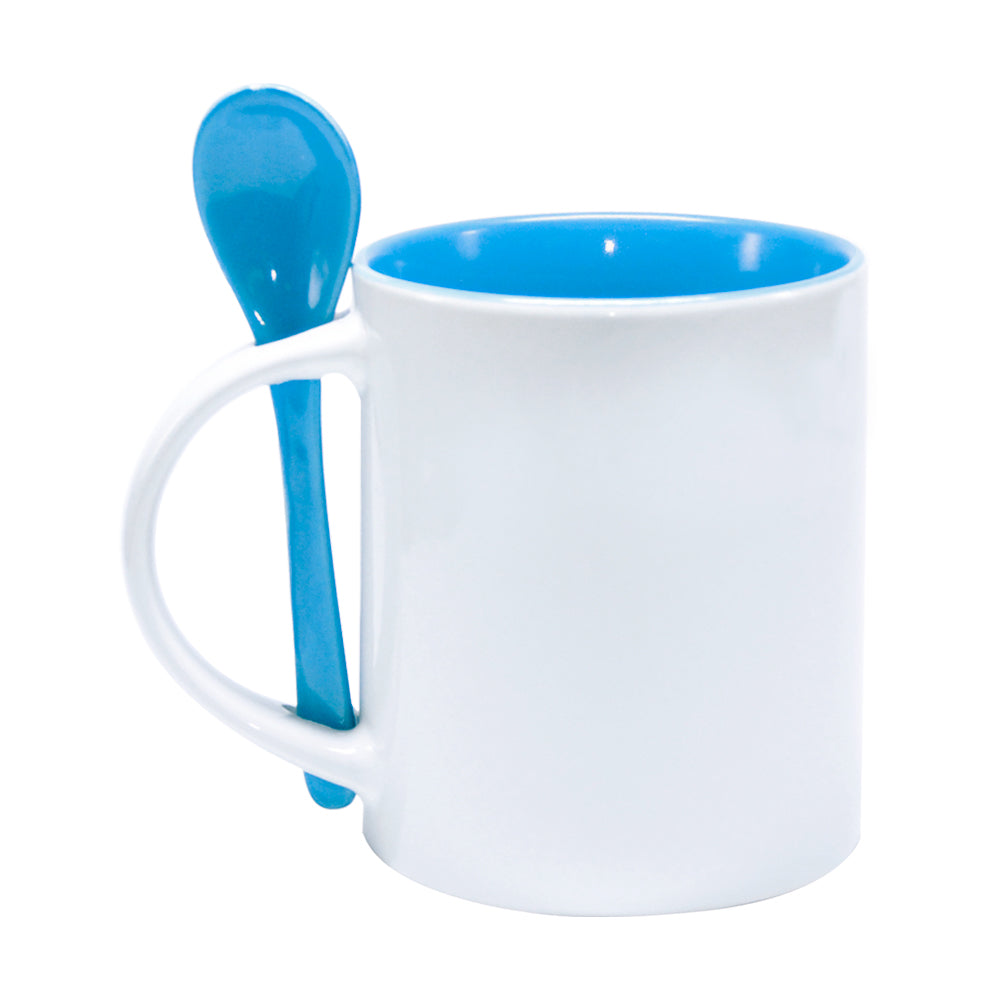 Caneca Reta de Cerâmica Branca com Interior Azul e Colher 325ml para Sublimação