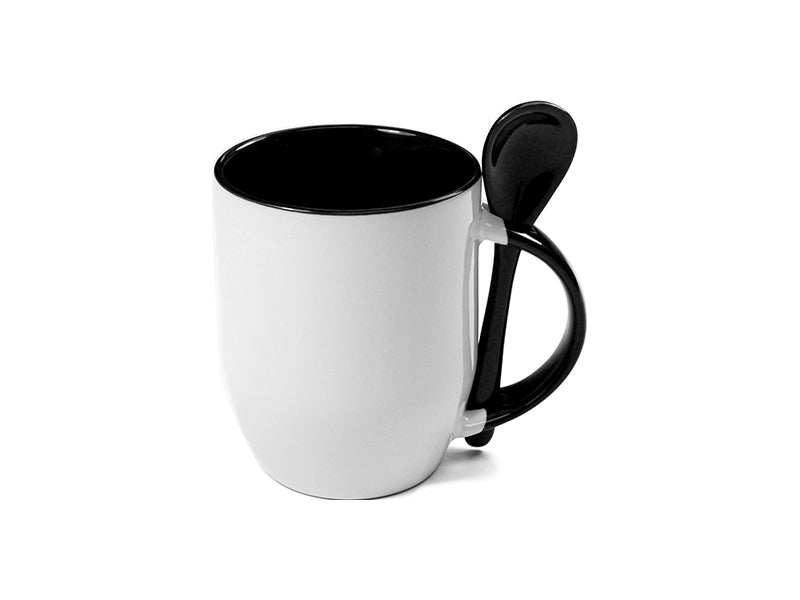 Caneca de Cerâmica Branca 325ml com Interior Preto e Colher para Sublimação