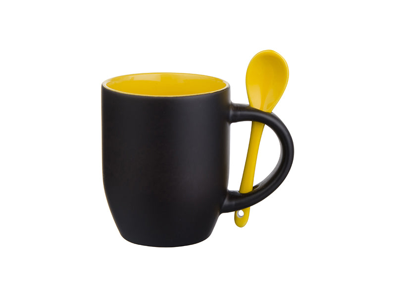 Caneca de Cerâmica 325ml Preto Fosco com Colher Amarela para Sublimação