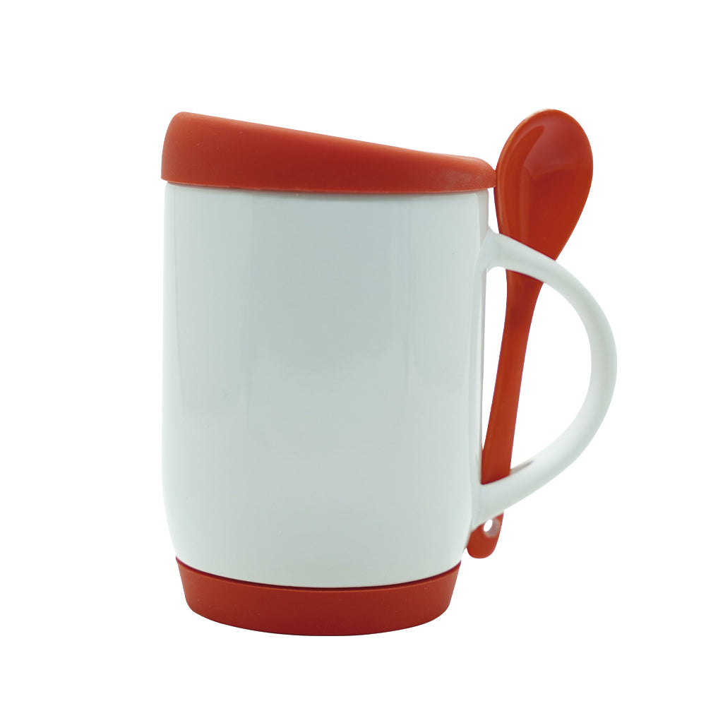 Caneca de Cerâmica Branca 325ml com Colher e Tampa Vermelha para Sublimação