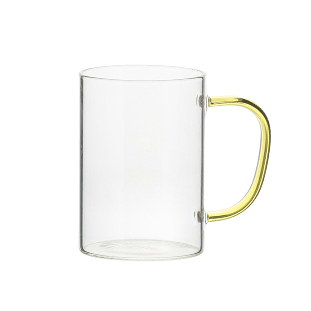 Caneca de Vidro Cristal 300ml com Alça Amarela para Sublimação