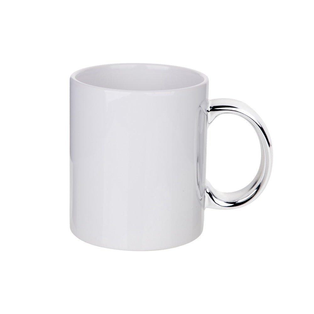 Caneca de Cerâmica 325ml Branca com Alça Cromada Prata para Sublimação