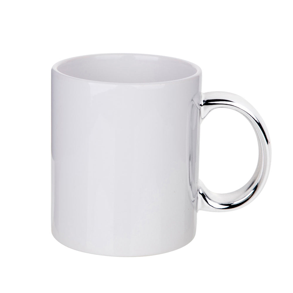 Caneca de Cerâmica Premium 325ml Branca com Alça Cromada Prata para Sublimação