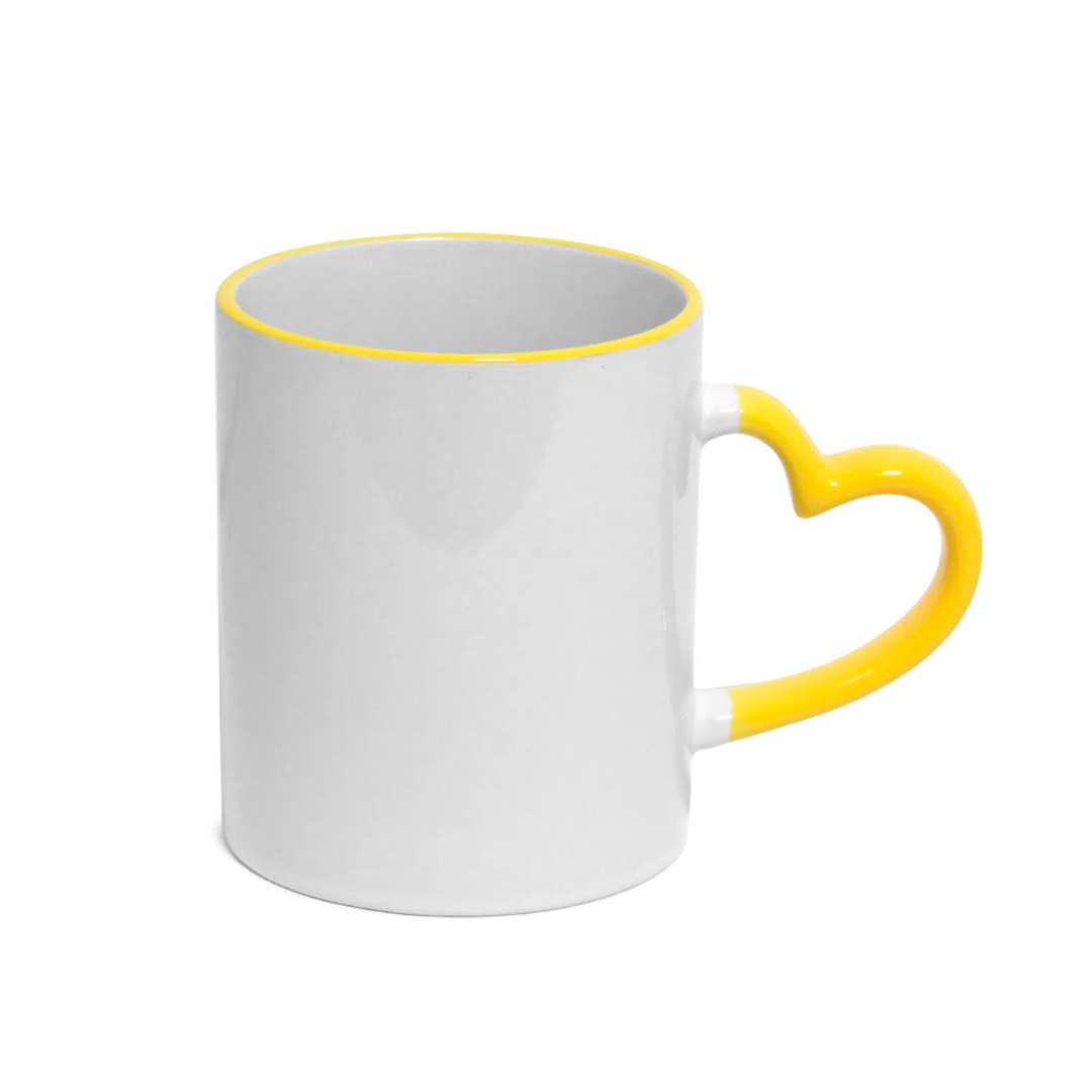 Caneca de Cerâmica 325ml com Alça Coração e Borda Amarela para Sublimação