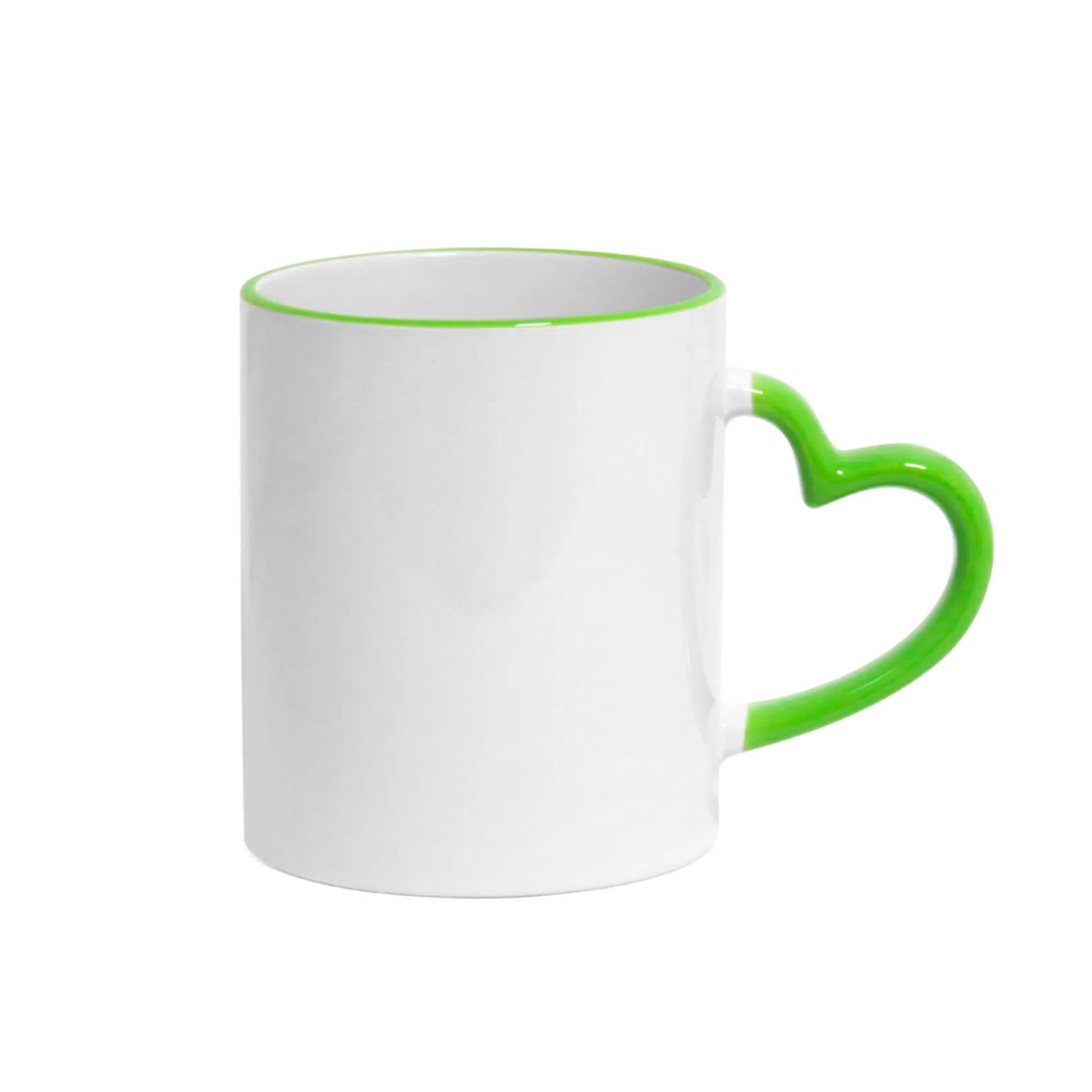 Caneca de Cerâmica 325ml com Alça Coração e Borda Verde para Sublimação
