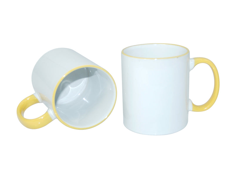 Caneca de Cerâmica Branca 325ml com Alça e Borda Amarela para Sublimação
