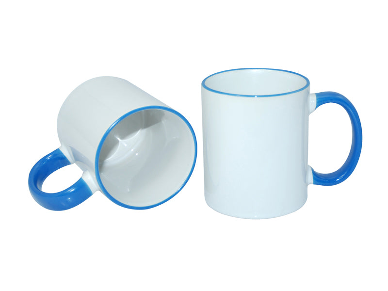 Caneca de Cerâmica 325ml Branca com Alça e Borda Azul Claro para Sublimação