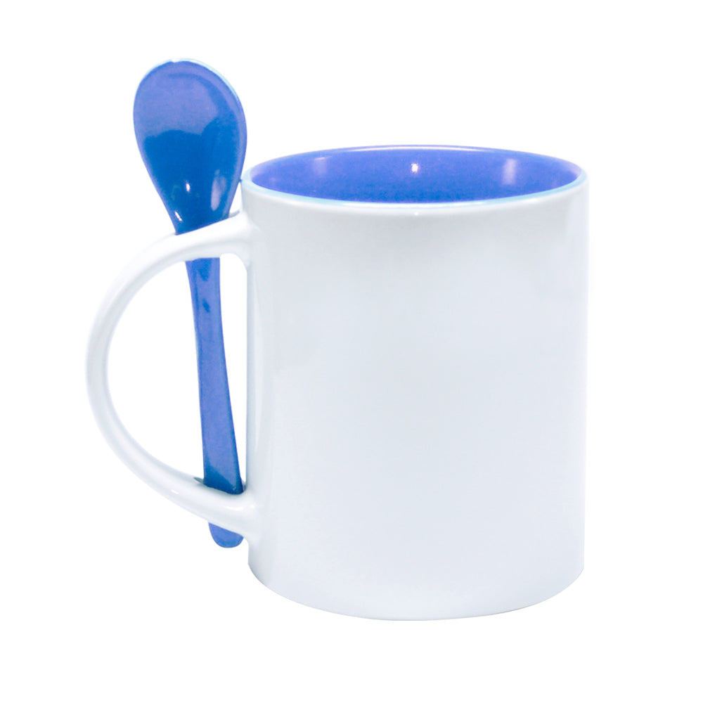 Caneca Reta de Cerâmica Branca 325ml com Colher Azul para Sublimação