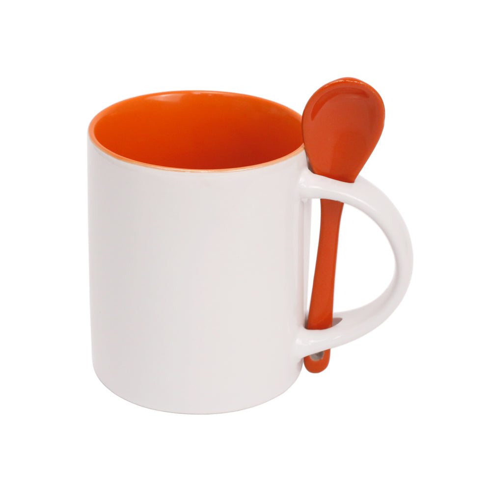 Caneca de Cerâmica 325ml com Colher e Interno Laranja para Sublimação