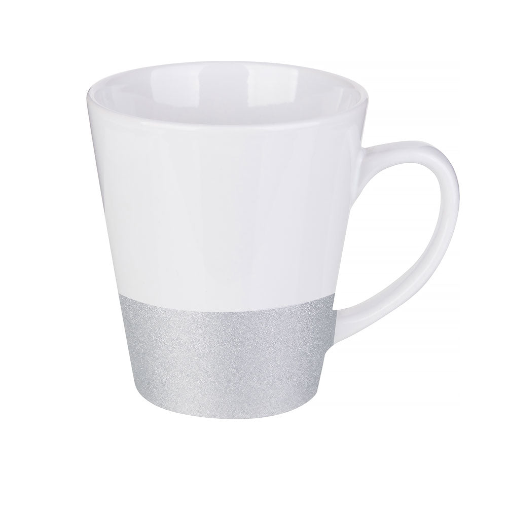 Caneca Cônica de Cerâmica Branca com Glitter Prata 355ml para Sublimação