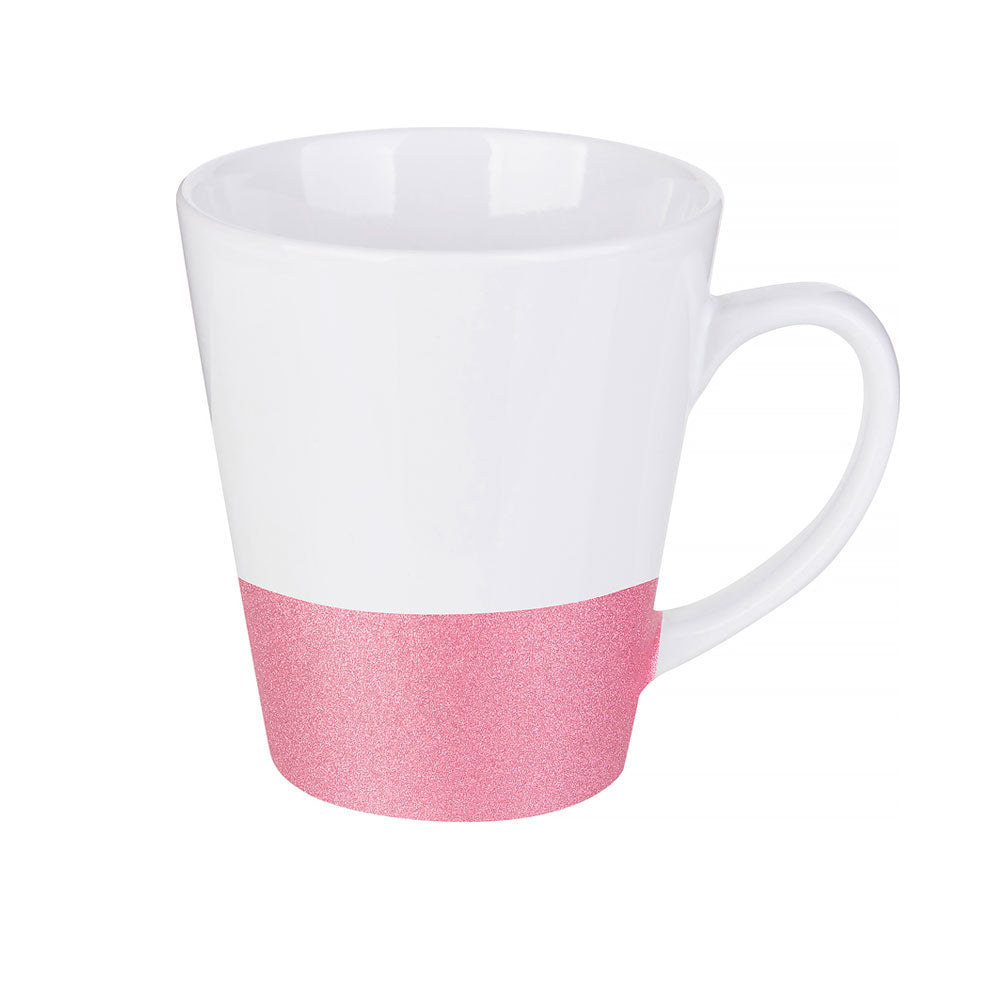 Caneca Cônica de Cerâmica Branca com Glitter Rosa 355ml para Sublimação