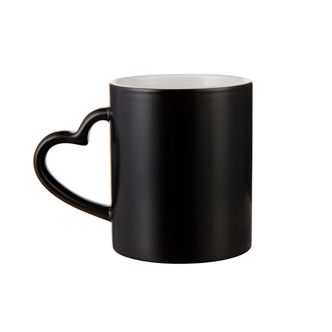 Caneca Mágica de Cerâmica Preta Fosca 325ml com Alça Coração para Sublimação