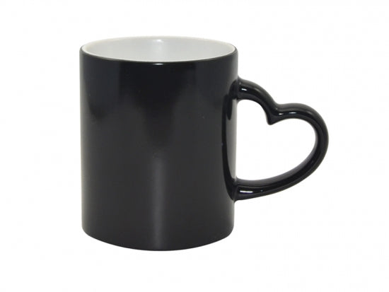 Caneca Mágica de Cerâmica Preta 325ml com Alça Coração para Sublimação