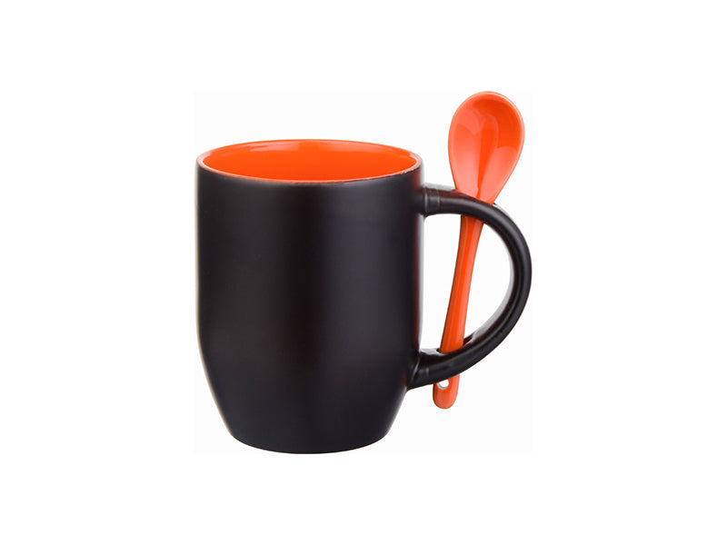 Caneca Mágica de Cerâmica Preta Fosca 325ml com Colher Laranja para Sublimação