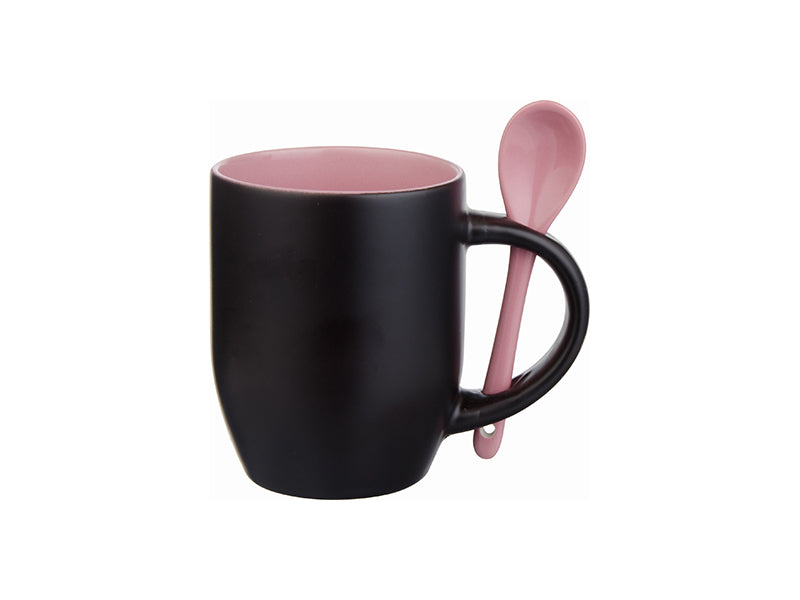 Caneca Mágica de Cerâmica 325ml Preta Fosca com Colher Rosa para Sublimação