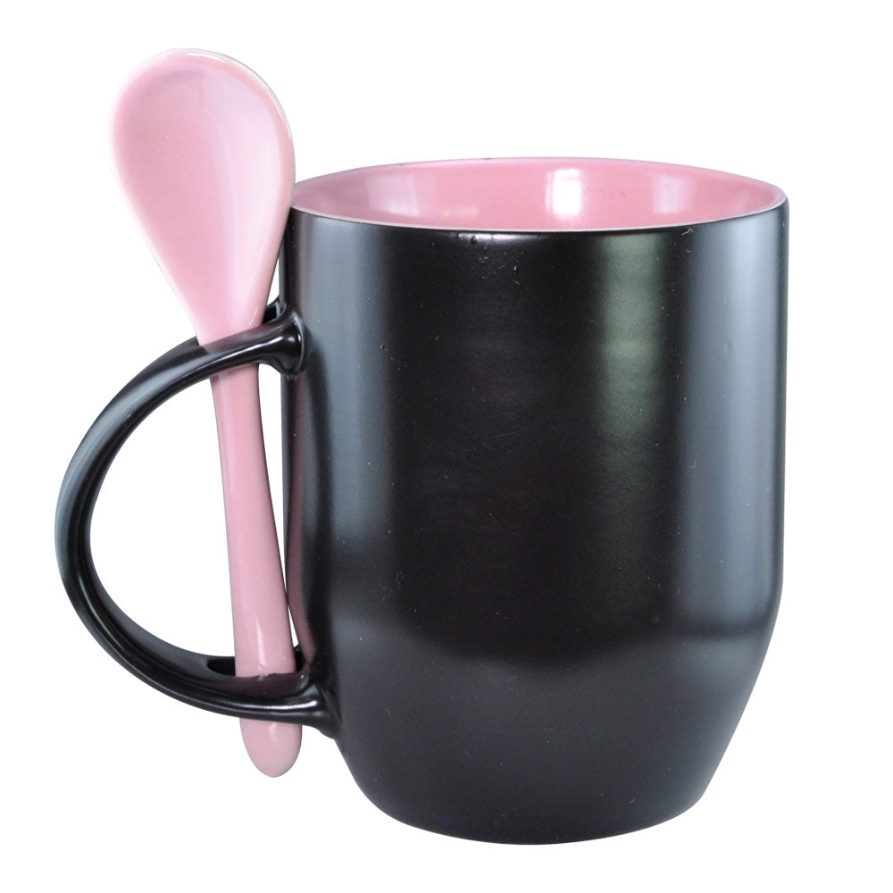 Caneca Mágica de Cerâmica 325ml Preta com Colher Rosa para Sublimação