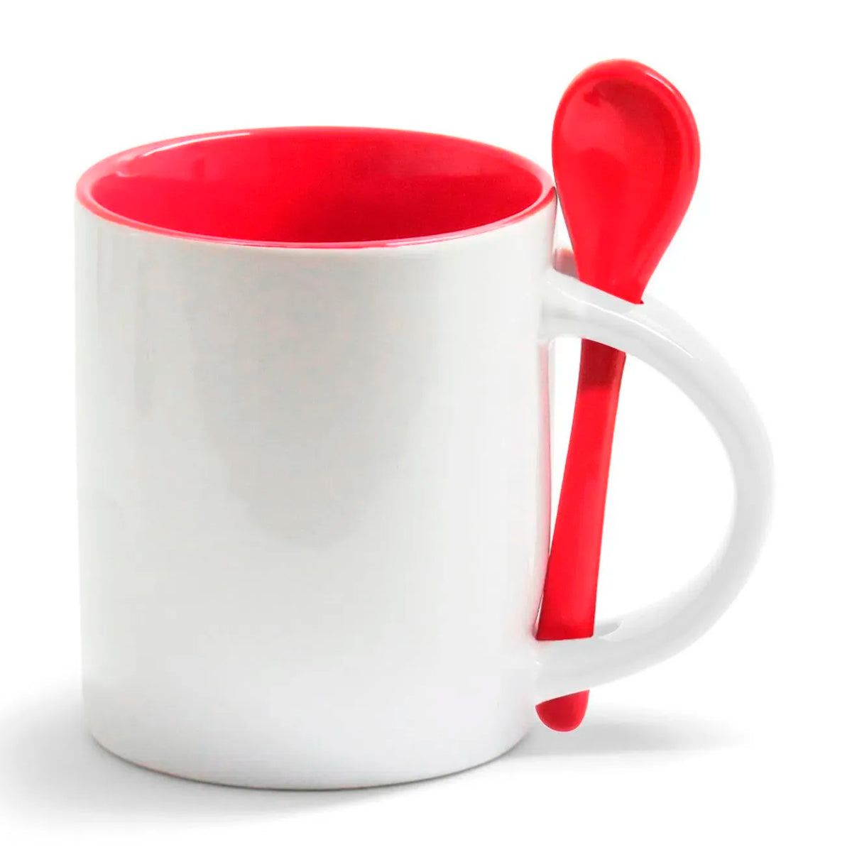 Caneca Reta de Cerâmica 325ml Branca com Interior Vermelho e Colher para Sublimação