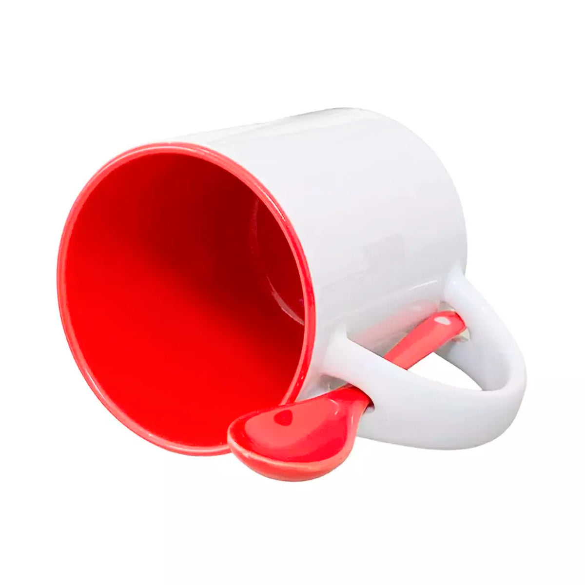Caneca Reta de Cerâmica 325ml Branca com Interior Vermelho e Colher para Sublimação