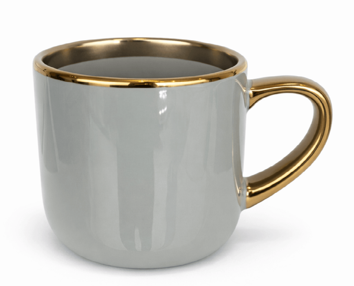 Caneca Cerâmica 400ml Cinza Claro com Interior e Alça Dourada para Personalização