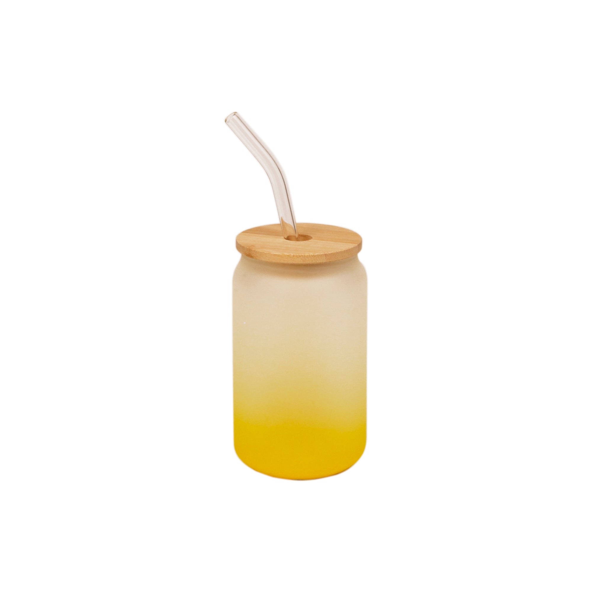 Copo de Vidro 400ml Degradê Amarelo com Tampa de Bambu e Canudo para Sublimação