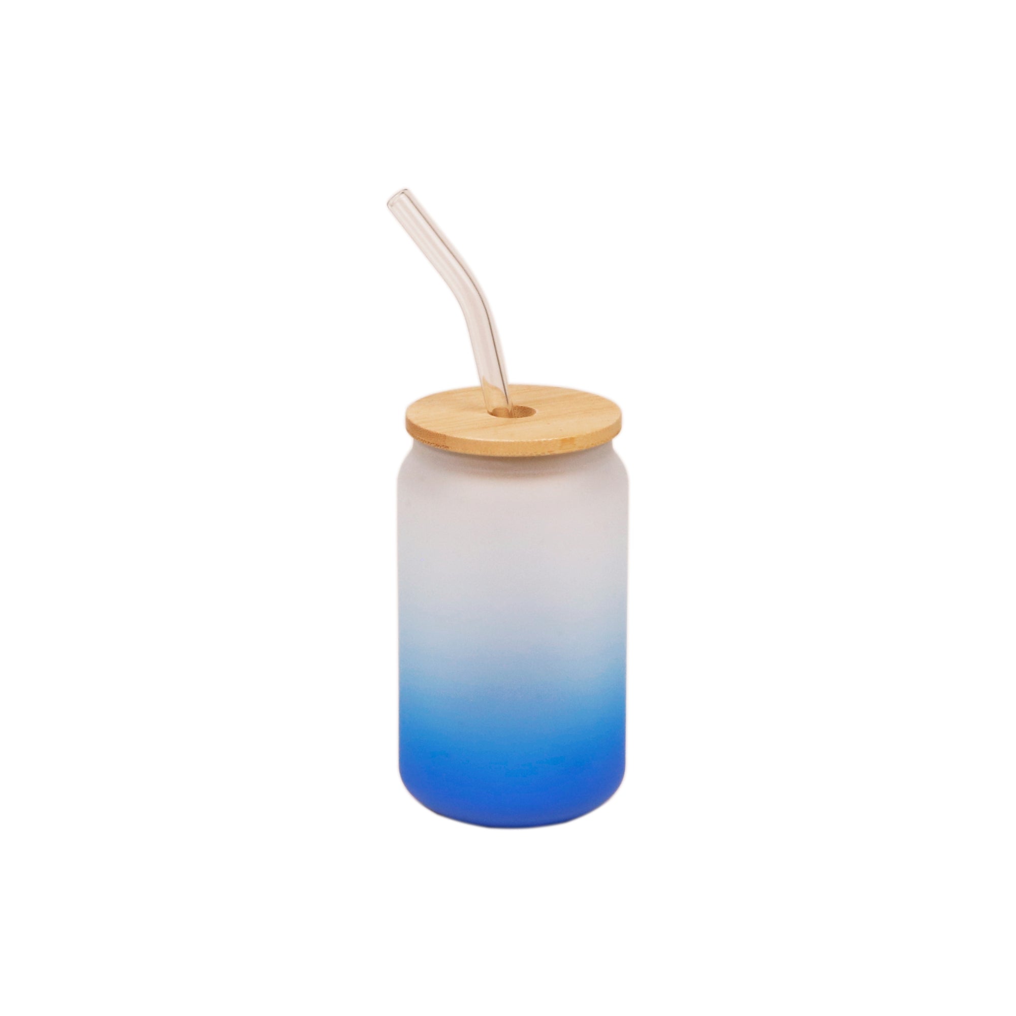 Copo de Vidro Degradê Azul 400ml com Tampa de Bambu e Canudo para Sublimação