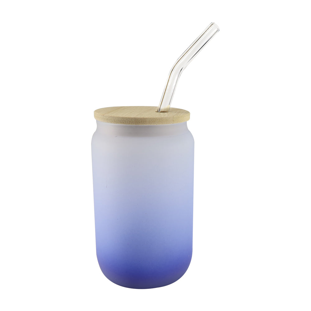 Copo de Vidro 400ml Degradê Azul Escuro com Tampa de Bambu para Sublimação