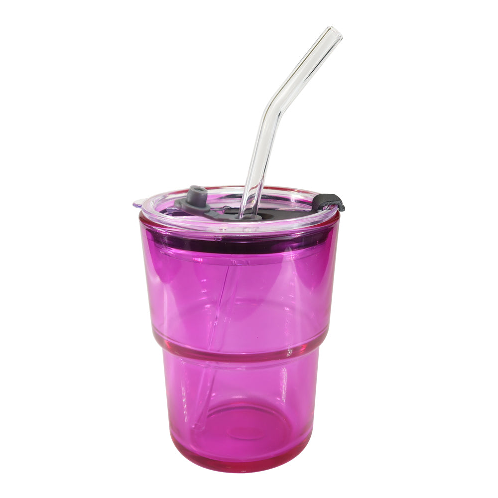 Copo de Vidro Rosa 440ml com Tampa e Canudo para Sublimação