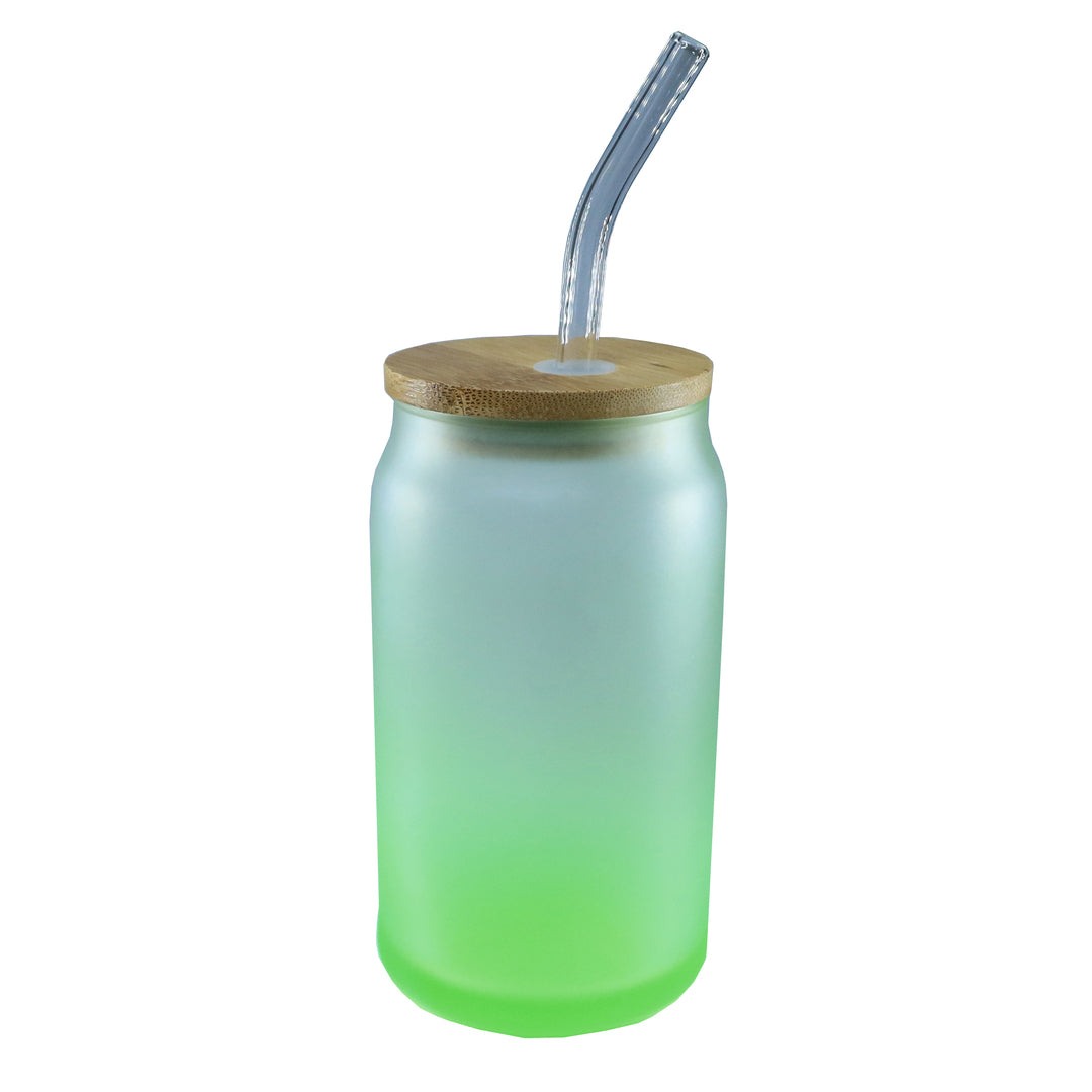 Copo de Vidro Degradê Verde Claro 450ml para Sublimação com Tampa de Bambu e Canudo