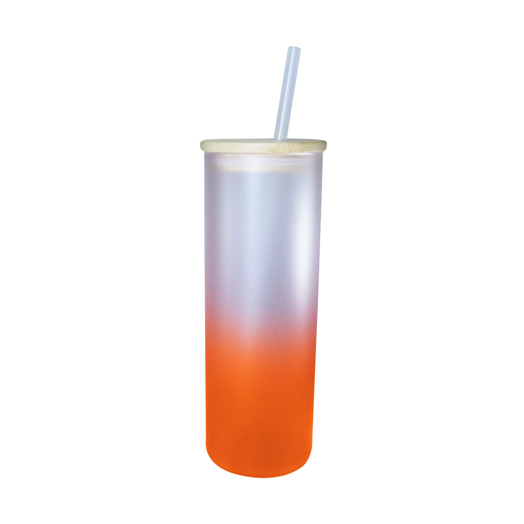 Copo de Vidro Degradê Laranja 500ml para Sublimação com Tampa de Bambu e Canudo Reutilizável