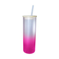 Copo de Vidro Degradê Rosa 500ml com Tampa de Bambu e Canudo para Sublimação