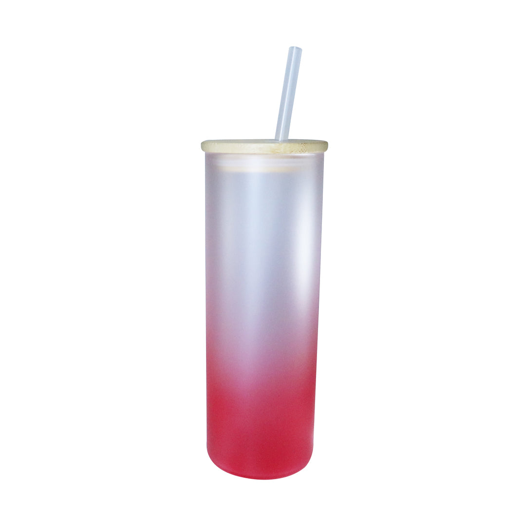 Copo de Vidro 500ml Degradê Vermelho com Tampa de Bambu e Canudo para Sublimação