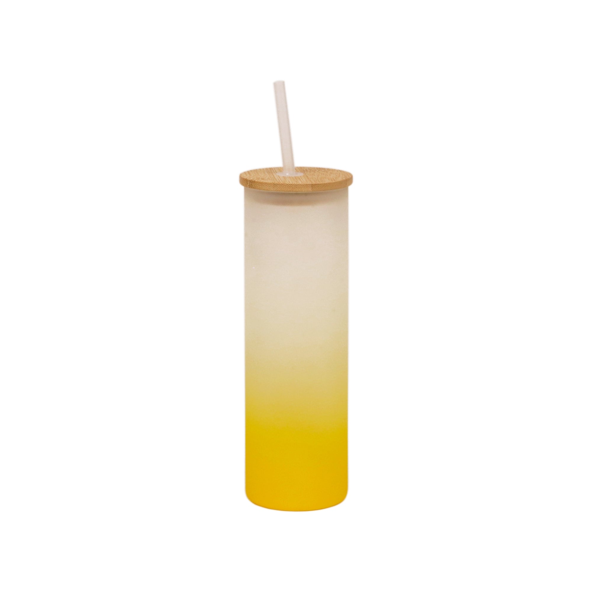 Copo de Vidro Degradê Amarelo 550ml com Tampa Bambu e Canudo para Sublimação