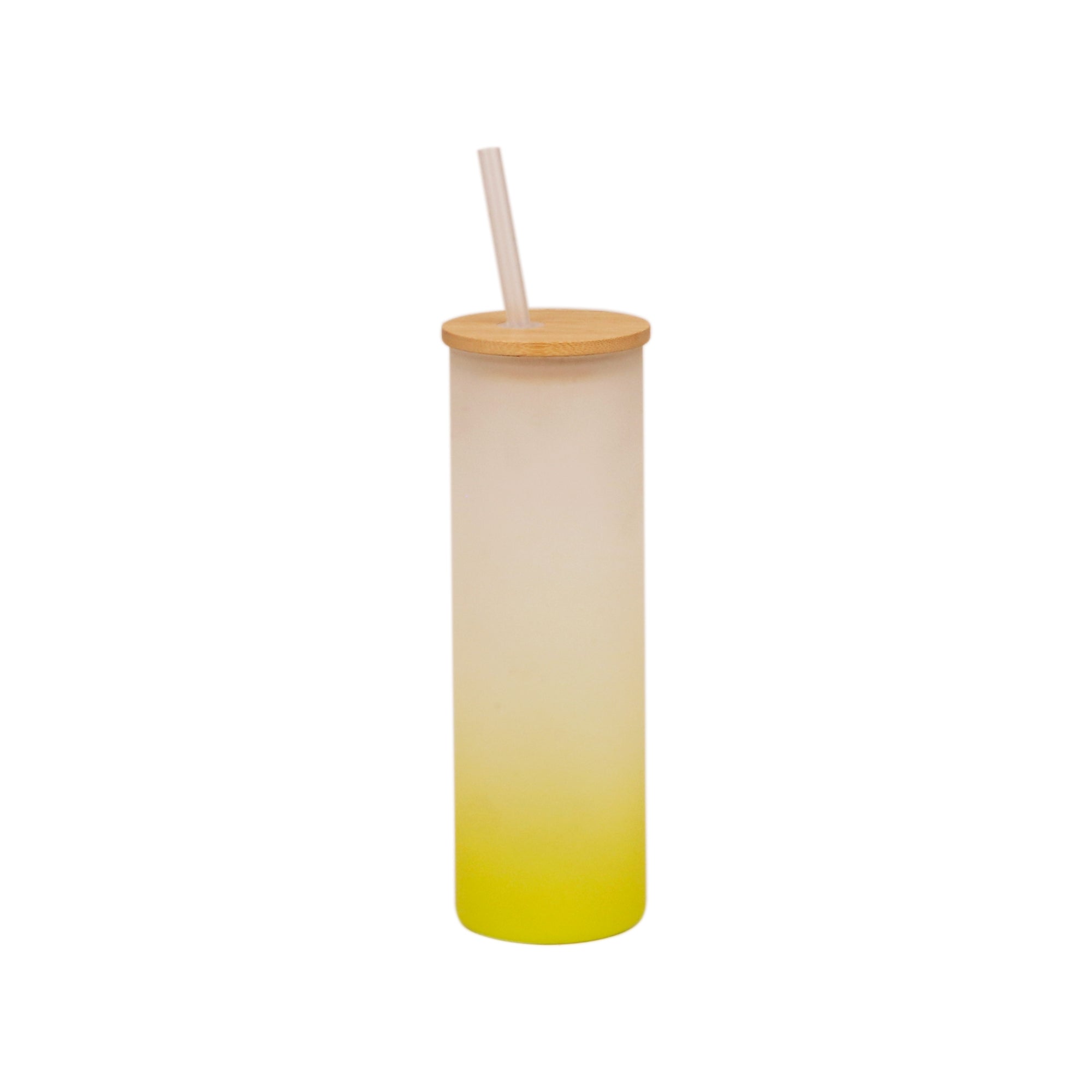 Copo de Vidro 550ml Degradê Amarelo Limão com Tampa de Bambu e Canudo para Sublimação