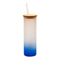 Copo de Vidro 550ml Degradê Azul Escuro com Tampa de Bambu e Canudo para Sublimação