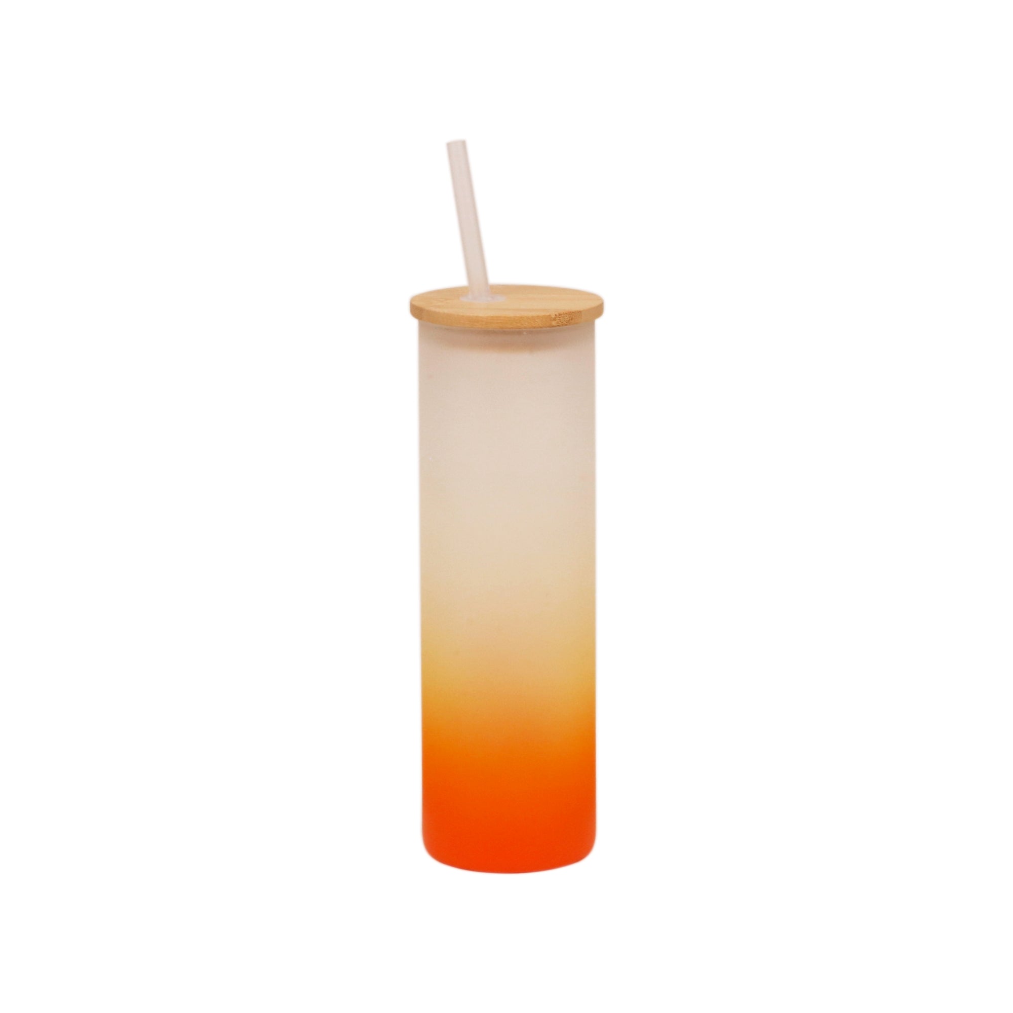 Copo de Vidro 550ml Degradê Laranja com Tampa de Bambu e Canudo para Sublimação