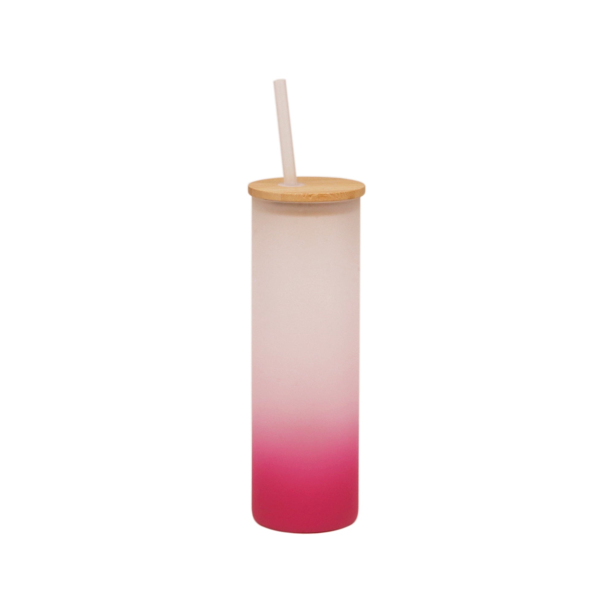 Copo de Vidro 550ml Degradê Rosa com Tampa e Canudo de Bambu para Sublimação