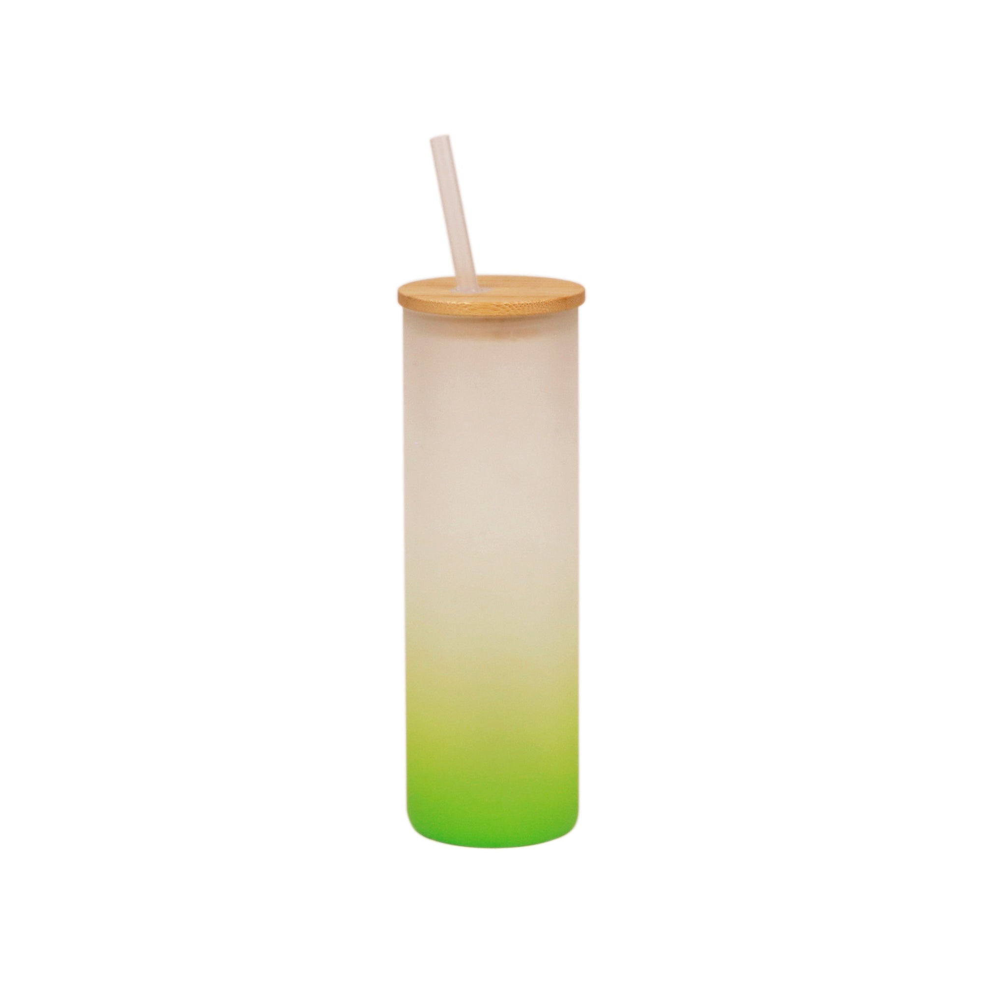 Copo de Vidro 550ml Degradê Verde Claro com Tampa de Bambu e Canudo para Sublimação