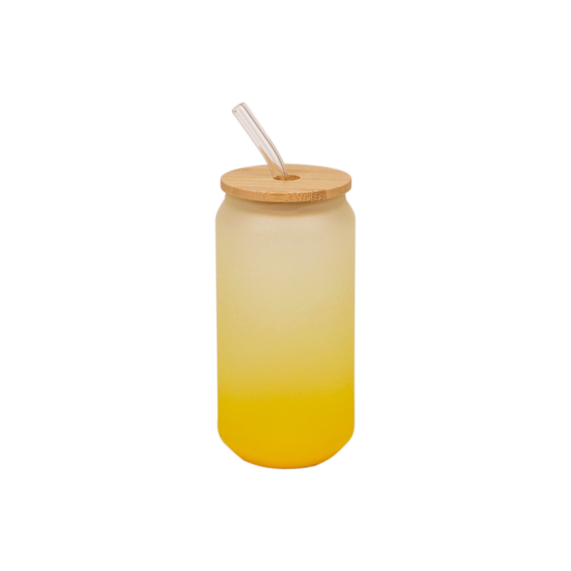 Copo de Vidro 600ml Degradê Amarelo Limão com Tampa de Bambu e Canudo para Sublimação
