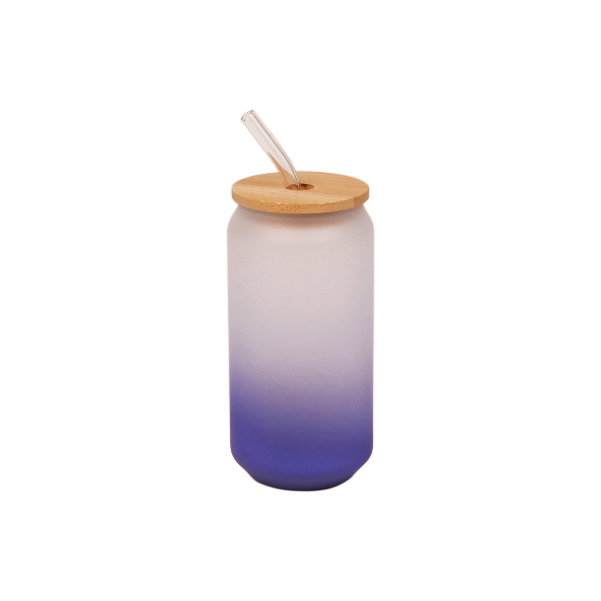 Copo de Vidro 600ml Degradê Azul com Tampa Bambu e Canudo para Sublimação
